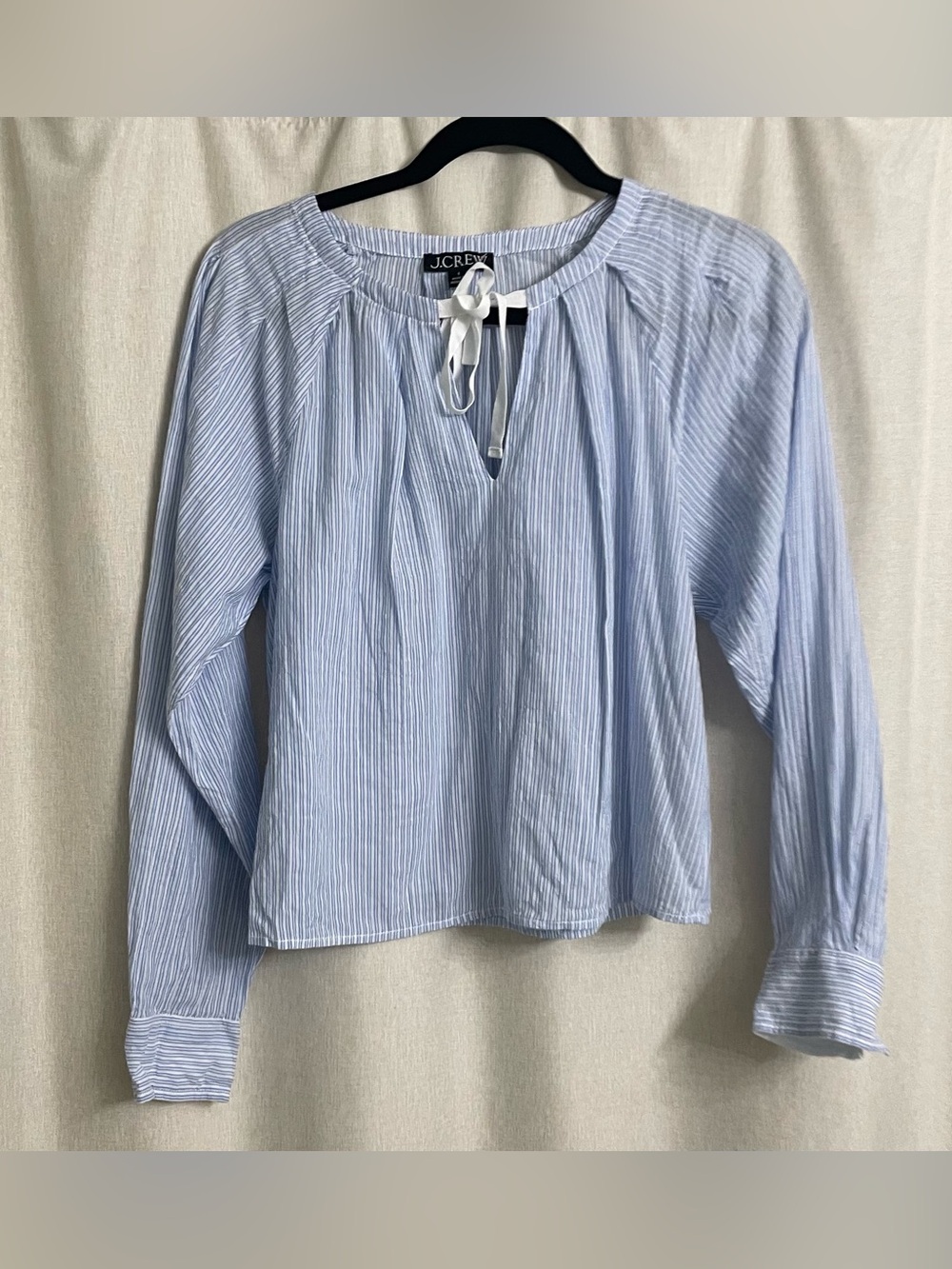 J.Crew Blue Stripe Tie Neck Peasant Blouse Cotton Stretch Size Small
